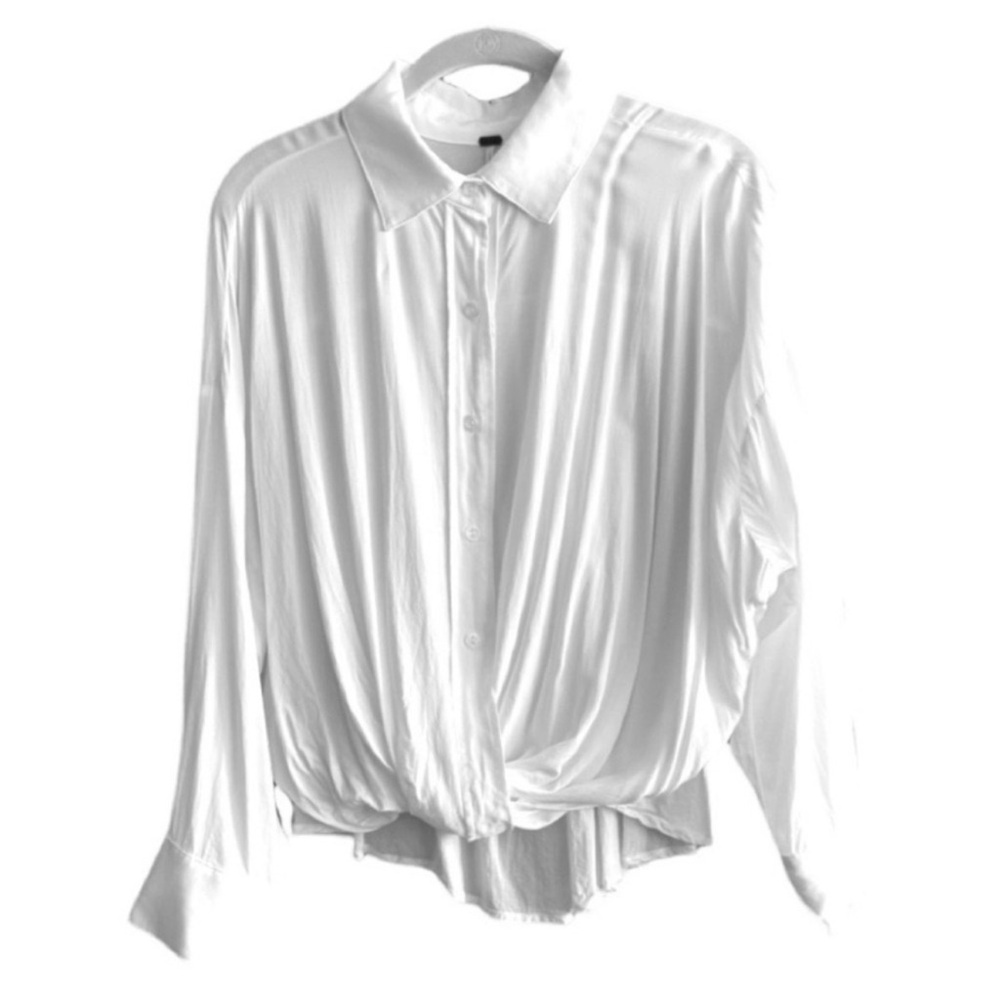 YFB Button Down Shirt Long Sleeve Gathered Hemline Blouse White Size S